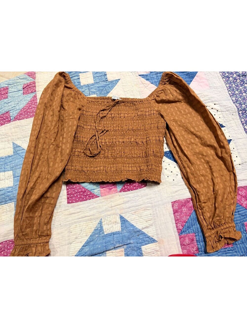 Brown Smocked Long Sleeve Crop Top Size S